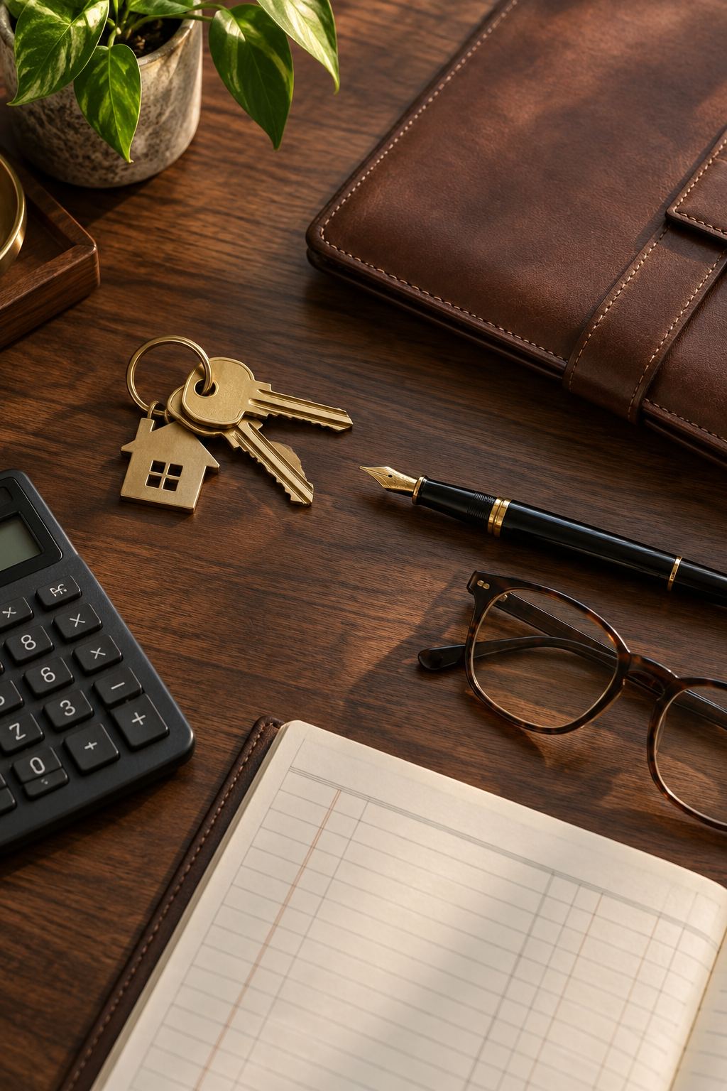 Illustrative still life of house keys and a ledger on a desk