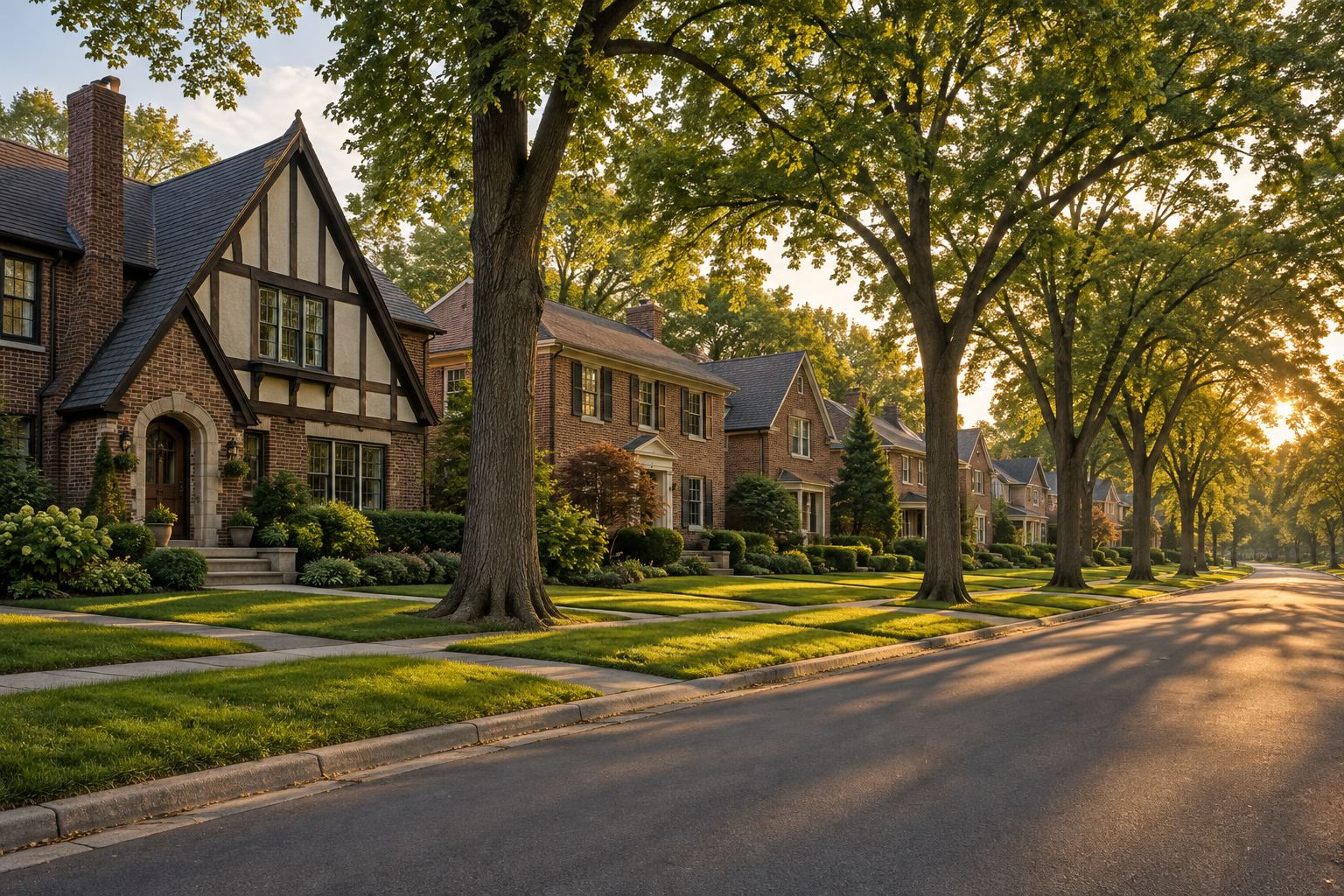 A quiet tree lined Northwest Detroit residential street, illustrative