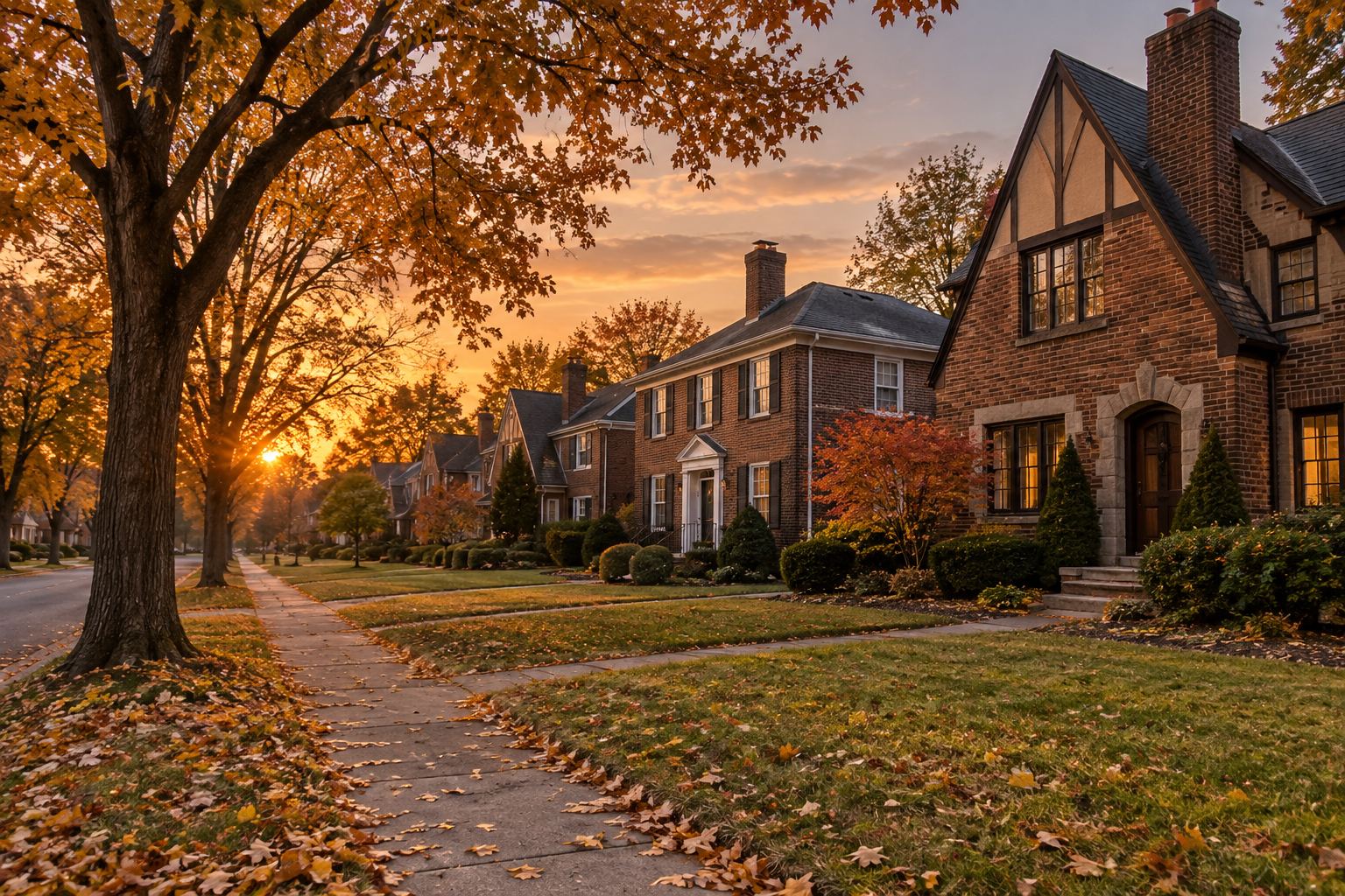 A Detroit residential street at sunset, illustrative