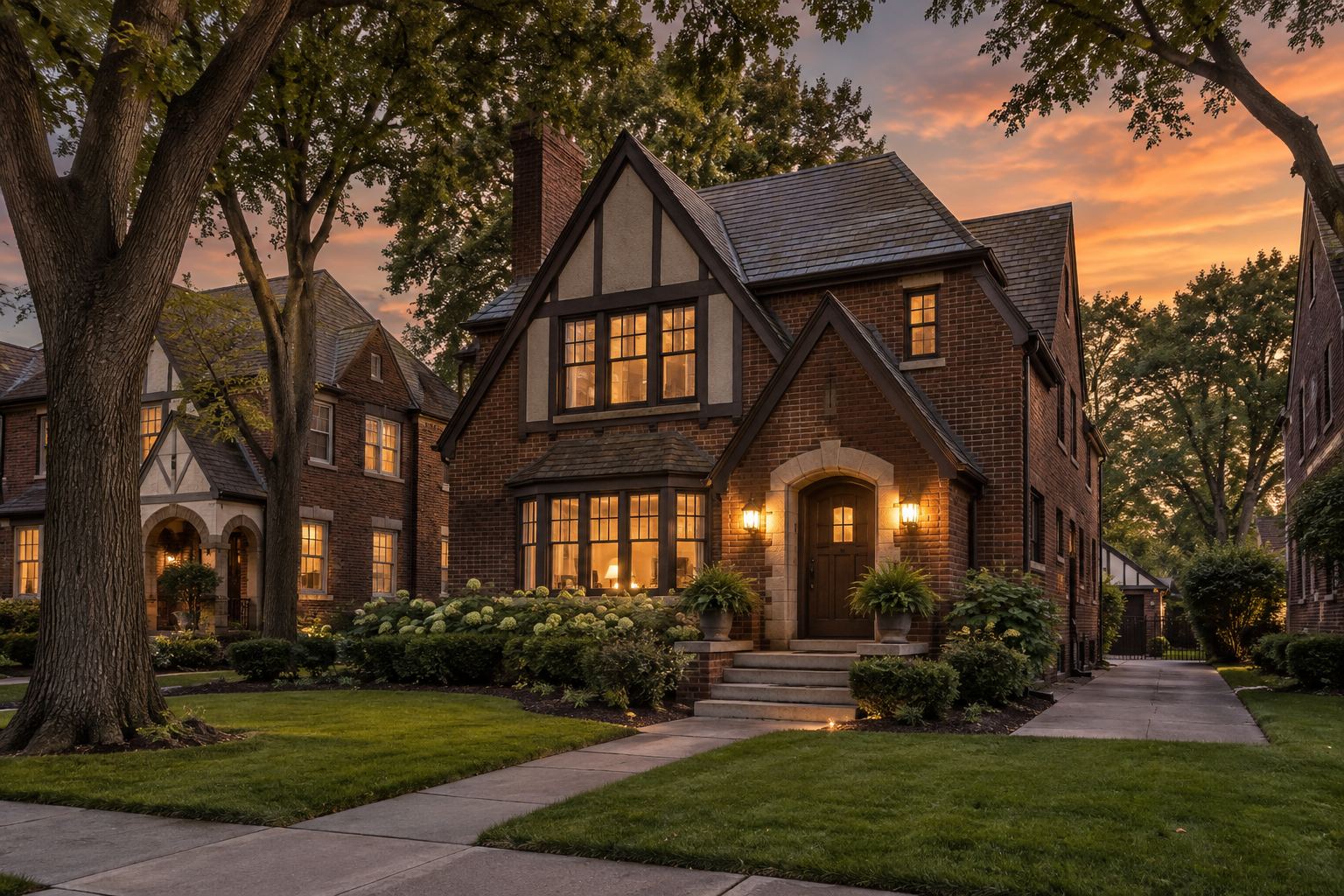 A brick Tudor home at dusk, illustrative